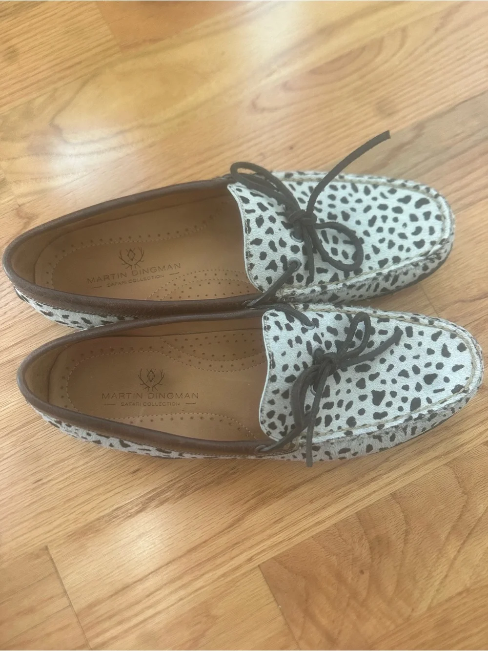 Martin Dingman White and Black Spotted Leather Moccasin Loafers